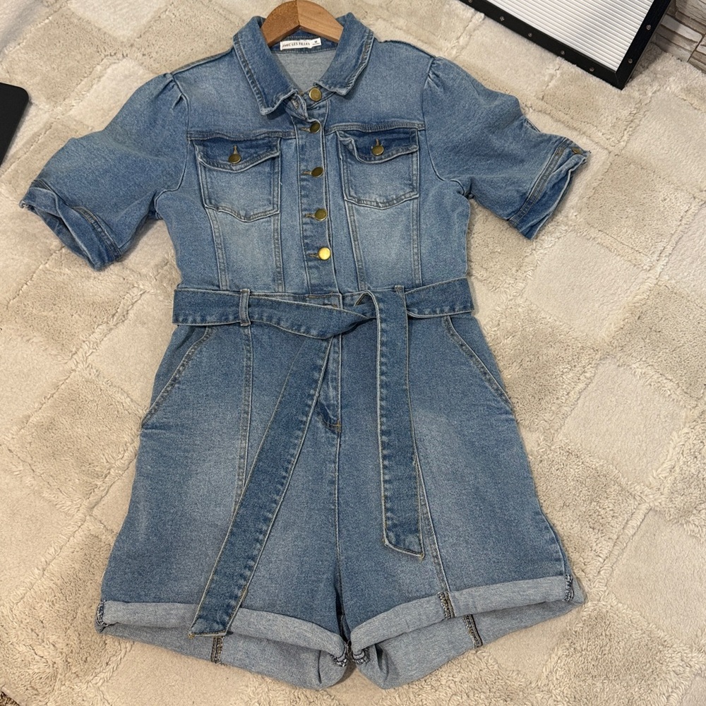 Avec Les Filles Blue Medium Denim Short Sleeve Romper - Picture 6 of 10